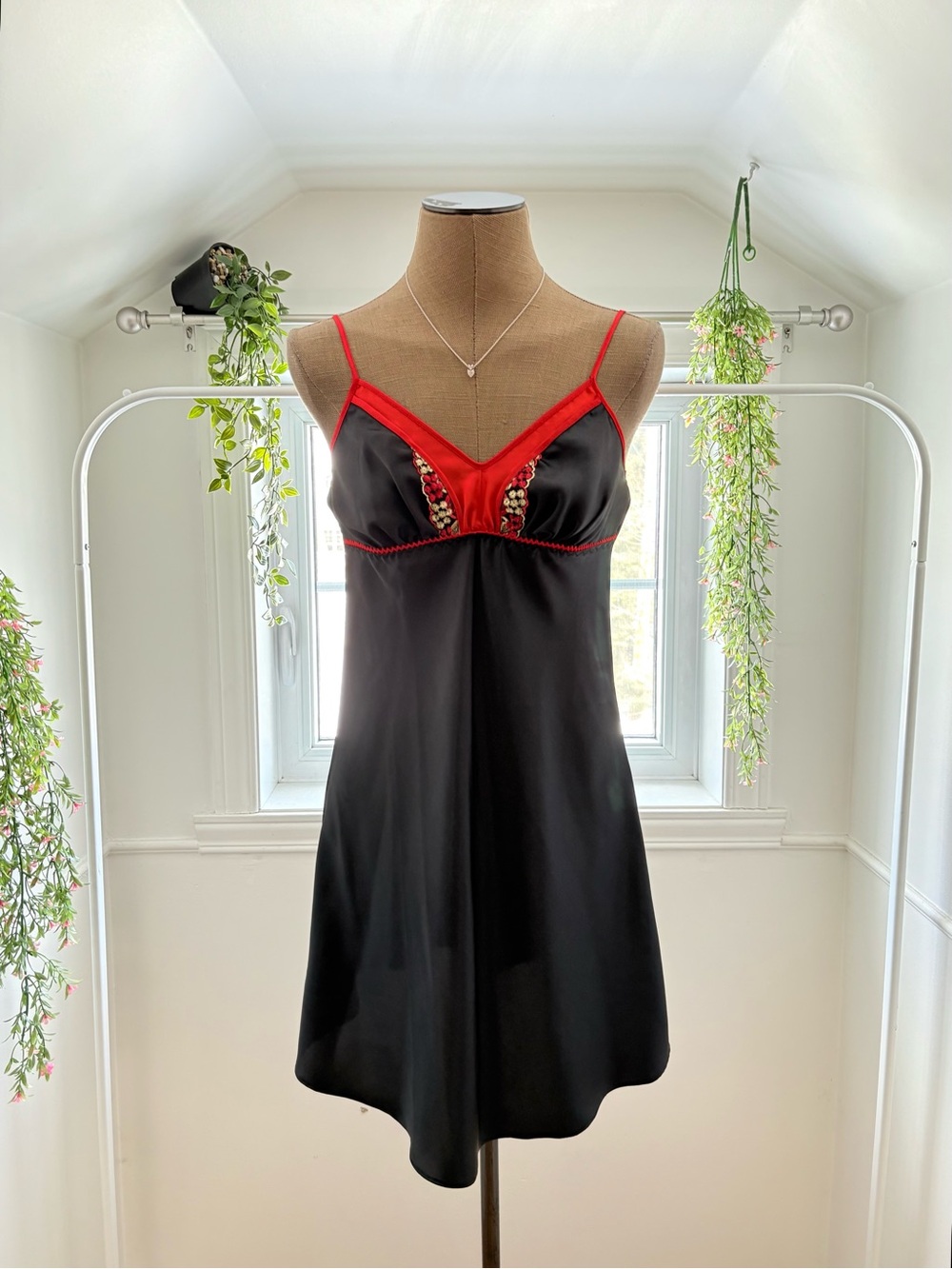 Silky Black & Red Embellished Slip Dress